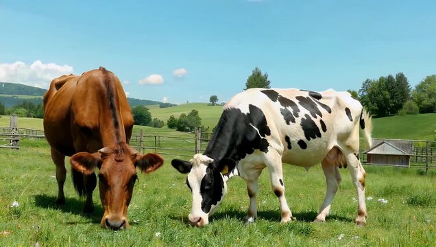 Natural light 4K rural footage of two dairy cows one brown and one spotted peacefully grazing on a lush green countryside pasture under a bright summer sky