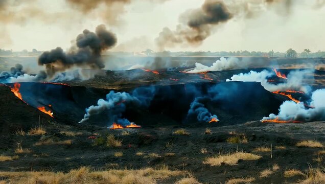 Dramatic 4K documentary footage of the Jharia coal mine field showing thick toxic smoke and glowing orange embers emerging from continuous underground fires