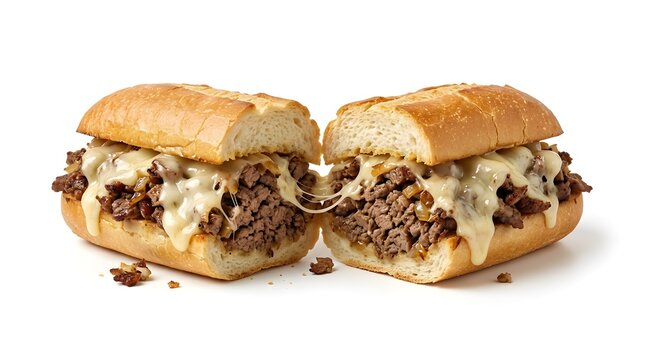 Authentic Philly cheesesteak sandwich loaded with thinly sliced grilled beef, melted provolone cheese, and caramelized onions on a hoagie roll. Isolated on white for easy clipping. 
