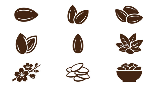 Almond nut and blossom silhouette graphic set.