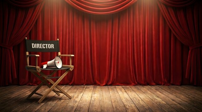 Empty director chair with megaphone on stage in front of red curtains director megaphone audition