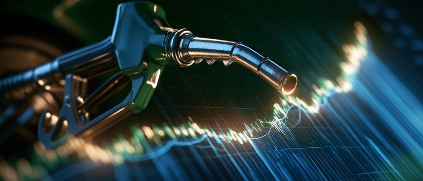 Fuel Dispenser and Financial Graph: A close-up of a fuel pump nozzle hovers over a vibrant, abstract financial graph.