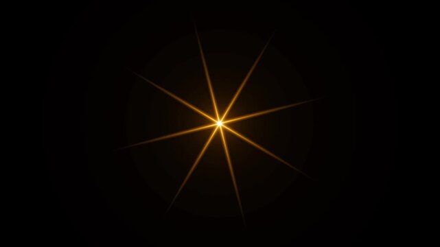 Golden Starburst Sparkle Light Effect with Radiating Rays on Black Background. deal for celebrations, awards, luxury presentations, logo reveals, transitions, titles, and cinematic motion graphics.