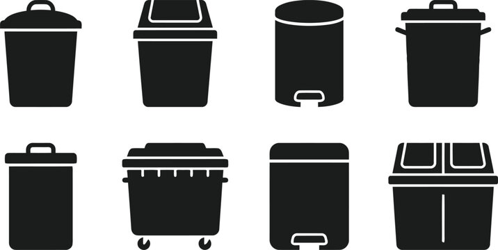 Trash can icons set garbage bin, waste container, dustbin, recycling bin, and dumpster silhouettes vector illustration