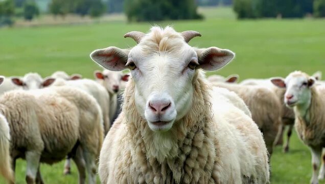 Clear 4K wildlife farm footage of a single domestic sheep staring curiously directly into the camera lens surrounded by a blurry flock within a rural field