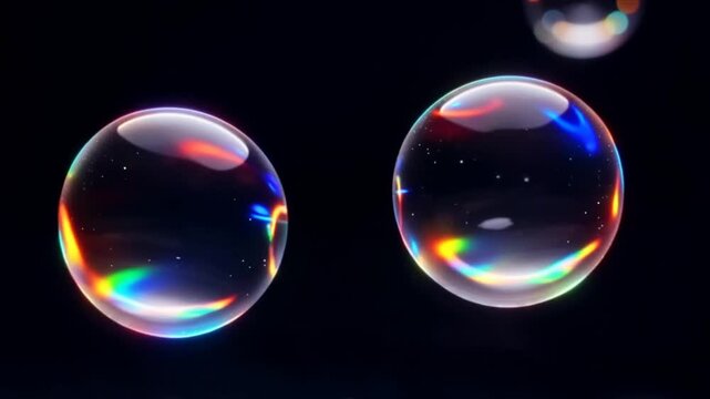 Rainbow-colored soap bubbles move gently in macro detail, revealing beautiful iridescent surface patterns.