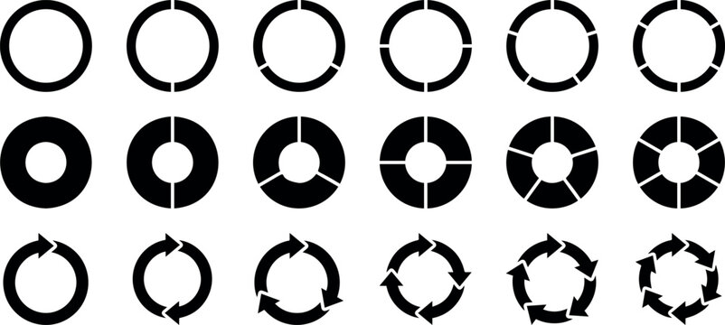 Collection circle arrow pie chart set. 1,2,3,4,5,6, segment infographic. UI, web design, business presentation. Vector illustration. Infographic element round shape. 
