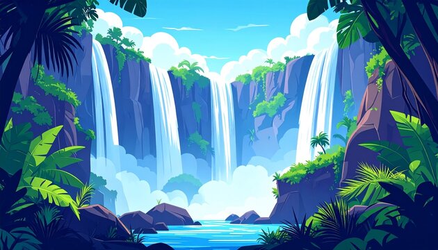 Tropical Waterfall in Lush Green Jungle Paradise.