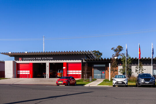 Cessnock Fire Station building in bright sunlight with bay doors open Fire and Rescue NSW