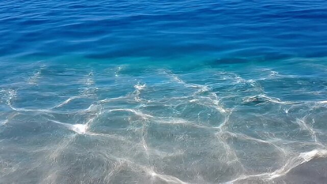 Beautiful Gradient of Deep Blue and Clear Turquoise Sea Water with Sun Light Caustic Reflections on Shallow Sandy Bottom Nature Background
