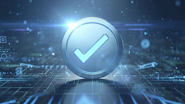Digital verification animation with secure approval checkmark, authentication technology, trusted data validation and cybersecurity compliance, futuristic business security background video