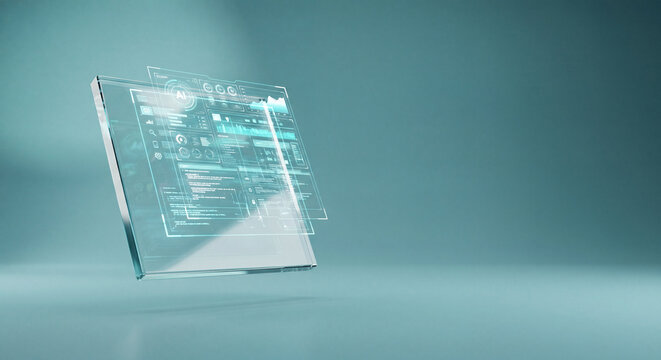 Futuristic Transparent Glass Screen displaying Data Analytics HUD Interface, AI Technology and Software Development Concept