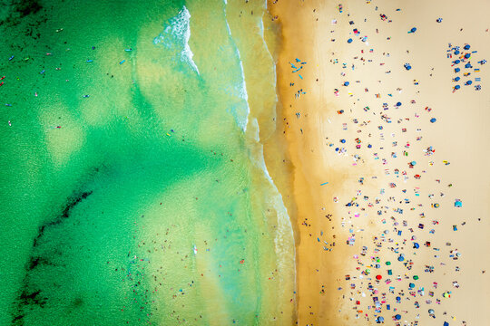 Straight down on the beach scene at Bondi, on a Summer Day