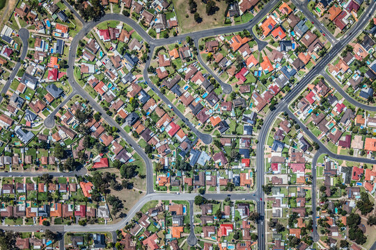 Aerial view of high-density suburban neighbourhood in maze-like residential area