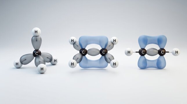 Three molecular structures depicting chemical bonding and atomic arrangement