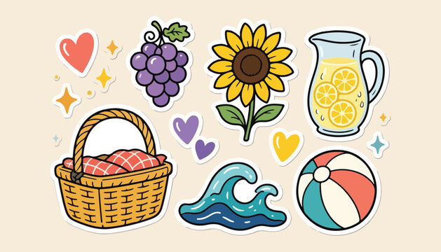 Ferragosto Italy Cute Colorful Doodle Sticker Icon Set
