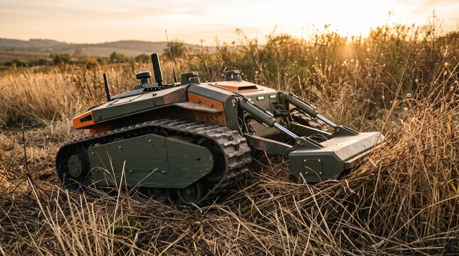Autonomous tracked demining and agricultural robot working in field at sunset⁠