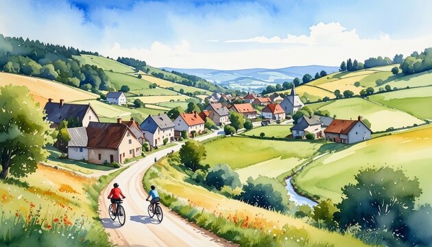 Scenic rural countryside with cyclists and farmhouse.