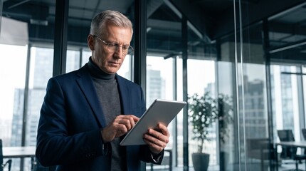 Fototapeta premium Serious mature businessman with glasses using digital tablet in modern corporate office, analyzing fintech data, tax reports, financial stock market investment or executive strategy.