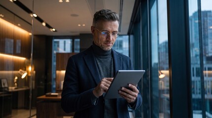 Fototapeta premium Confident middle aged businessman in glasses using tablet pc by office window at twilight, analyzing corporate finance reports, asset management, and tax optimization.
