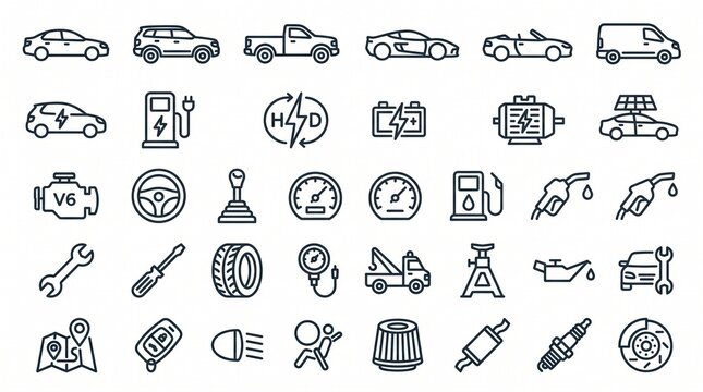 Automotive transportation icons set. Vector car maintenance and vehicle service symbols.