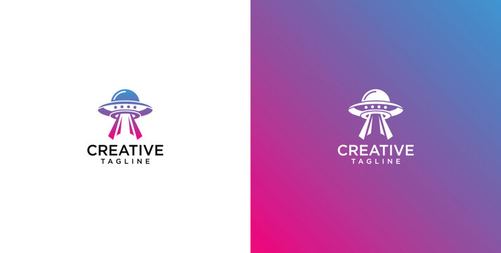 Creative UFO logo design vector template featuring a futuristic spaceship with glowing beam on gradient background
