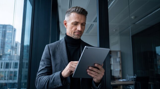 Focused mature businessman using digital tablet standing near window in corporate office building managing fintech network auditing tax accounting software investment strategy concept
