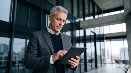 Fototapeta premium Senior businessman using digital tablet in modern corporate building, mature financial executive or tax consultant analyzing investment budget online, commercial photo.