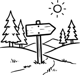 Obraz premium Hand-drawn directional signpost in a sunny landscape with trees and mountains