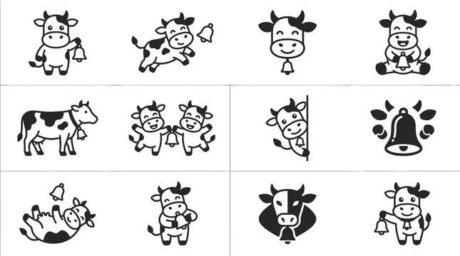 Cute black and white cartoon cow character icon set.