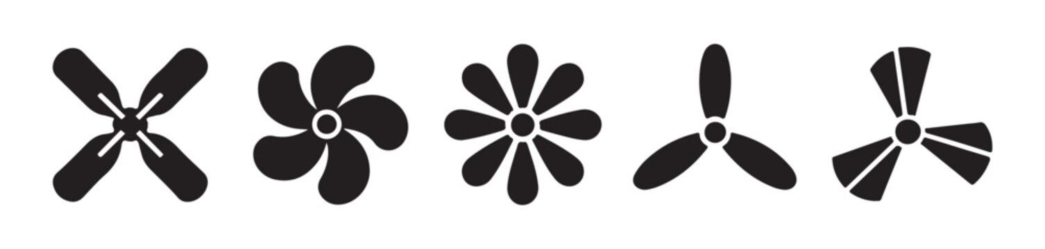 Various propeller silhouettes for marine propulsion or mechanical fan systems with different blade count design.