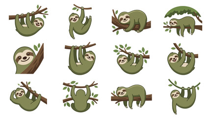Cute cartoon sloths in various poses and positions © Fatchut