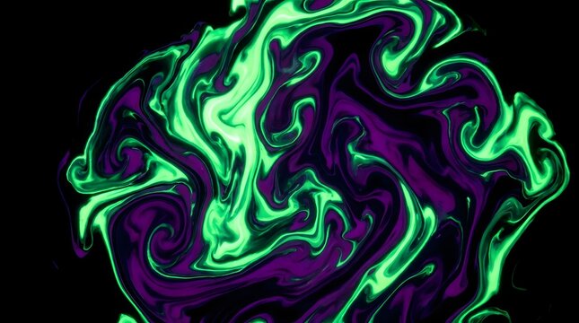 Abstract green and purple liquid ink swirl. Fluid paint mixing on a black background.