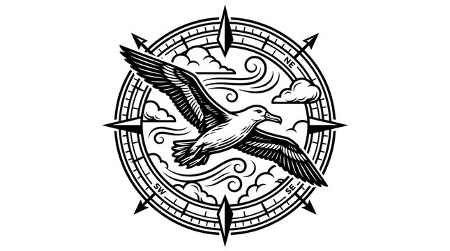 Seagull flying over compass tattoo.
