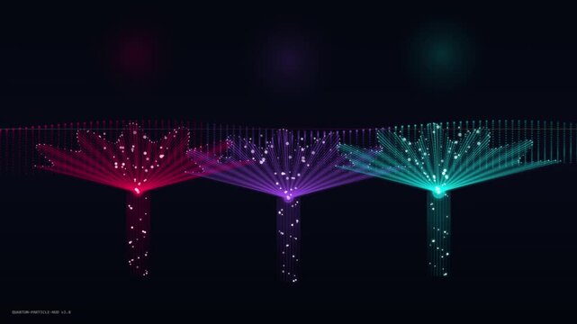 Abstract Futuristic Quantum Data Emitters with Fan Out Energy Rays, Glowing Particle Mesh Horizon, and 3D Cyber Technology Background