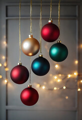 Obraz premium Hanging colorful Christmas balls with warm lights