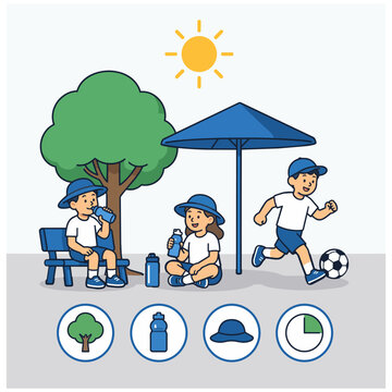 Educational infographic showing shade, hydration, hats and reduced sun exposure for safe outdoor play during hot weather.