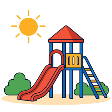 Minimal vector icon showing a playground slide beneath a blazing sun to represent outdoor heat safety for children during summer and back-to-school season.