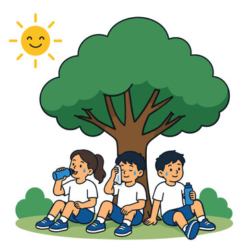 Children cooling down beneath a shaded tree after outdoor play during an extreme heat day. Ideal for school health and summer safety projects.