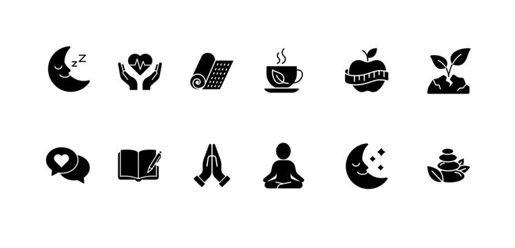 Wellness and Self Care Glyph Icons Set, Healthy Lifestyle Silhouette Vector Symbols with Meditation, Yoga, Sleep and Mindfulness