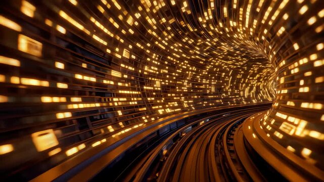Golden abstract tunnel with glowing lights and motion blur
