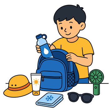 Child preparing a school backpack with summer heat essentials before leaving for school on a warm morning.