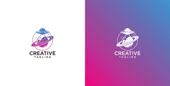 UFO planet logo template vector creative alien spaceship beaming saturn space graphic design