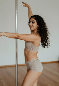 Joyful young woman performing pole dance spin in studio