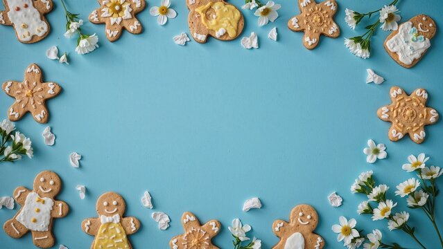 Assorted Christmas gingerbread cookies, daisies, and green leaves arranged in a circular border on a blue background.