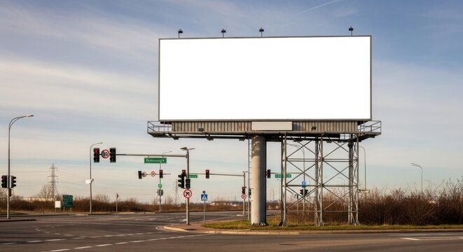 Blank billboard at urban intersection under cloudy sky.