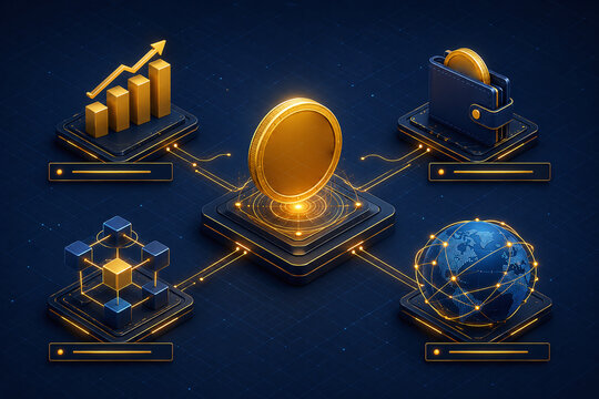 3D isometric cryptocurrency and fintech concept with gold coin, blockchain, wallet, and growth chart. Global digital economy, investment technology, and financial decentralized network illustration.