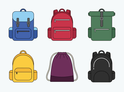 Set of Colorful Backpack and Rucksack Flat Vector Icons