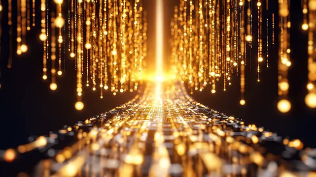 Golden digital data stream flowing toward a bright light