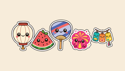 Fototapeta premium Japanese Obon Summer Festival Kawaii Rounded Sticker Icon Set 